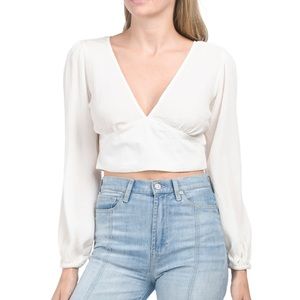 White Long Sleeve V-Neck Shirt peasant top loose flowy